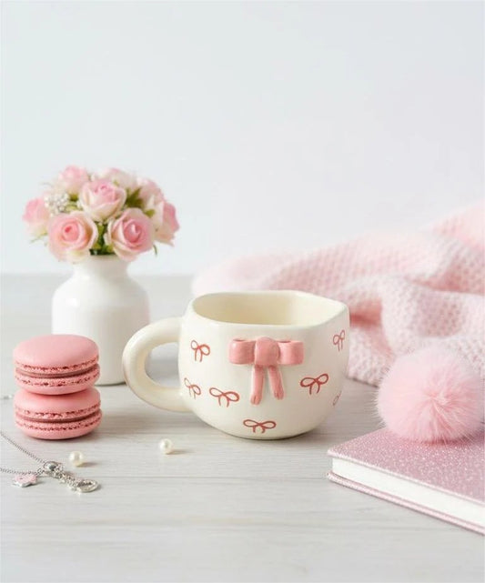 Pink Bow Aesthetic Ceramic Mug – Cute Coffee Cup for Girls