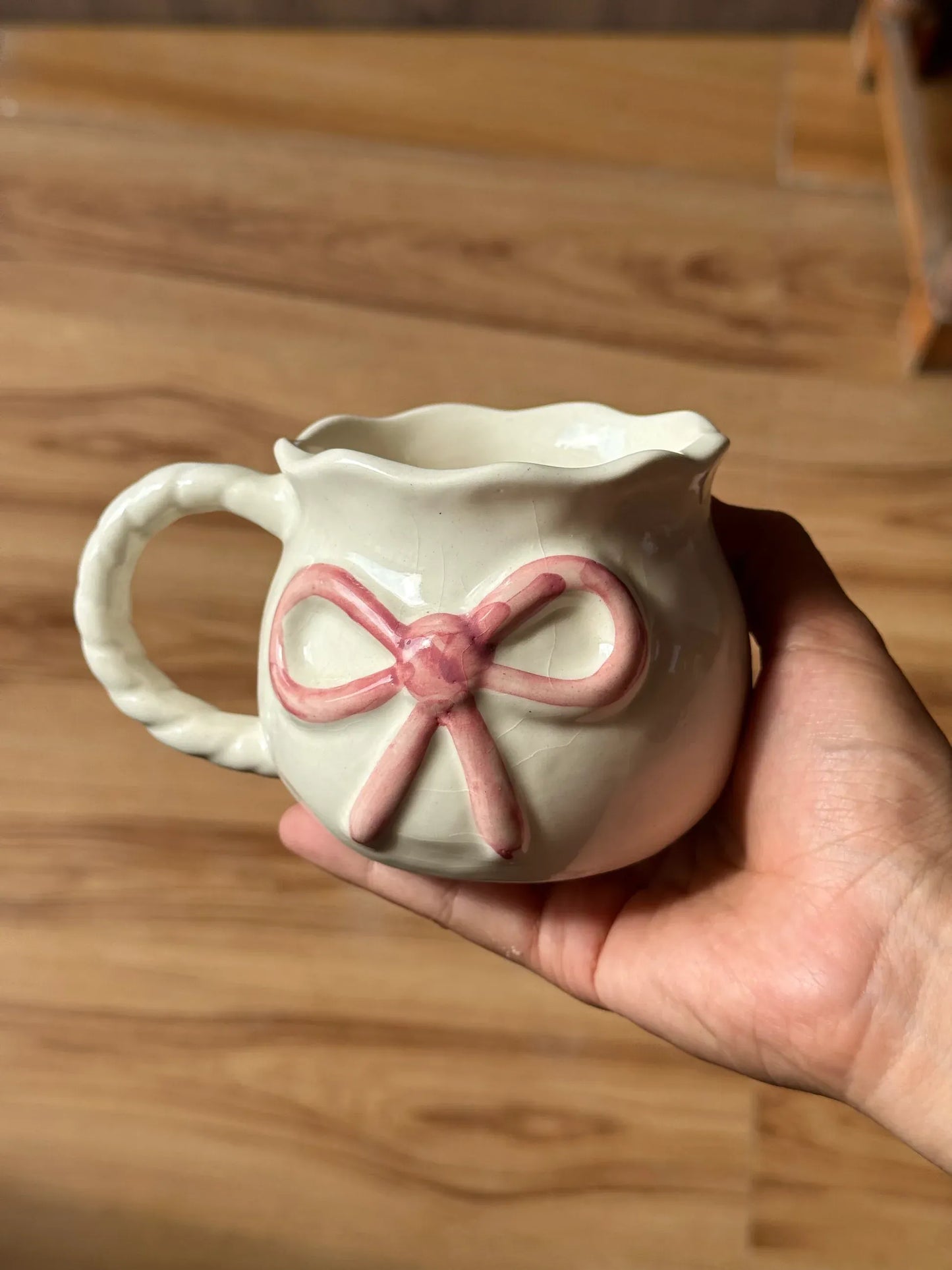 Cute Bow Ceramic Mug – Aesthetic Handmade Coffee Cup for Girls
