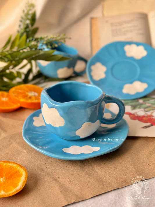 Cloud Ceramic Coffee Cup & Saucer Set – Sky Blue Aesthetic Mug