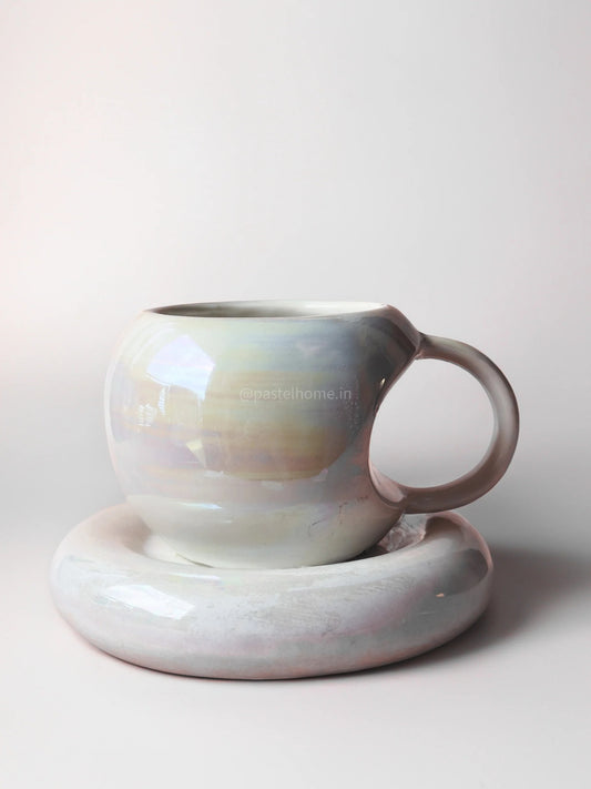 Iridescent Ceramic Coffee Mug with Saucer – Luxury Aesthetic Tea Cup Set