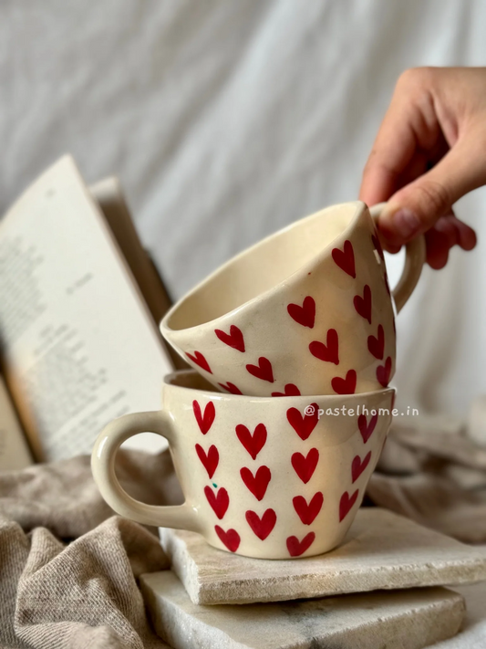Red Heart Ceramic Mug Set – Cute Aesthetic Coffee Cups for Couples